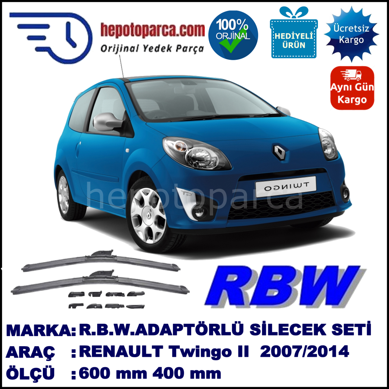 RENAULT Twingo II [CN; CN/GN] 04.2007-..., 600 / 400 mm.  RBW  ADAPTÖRLÜ MUZ SİLECEK SETİ