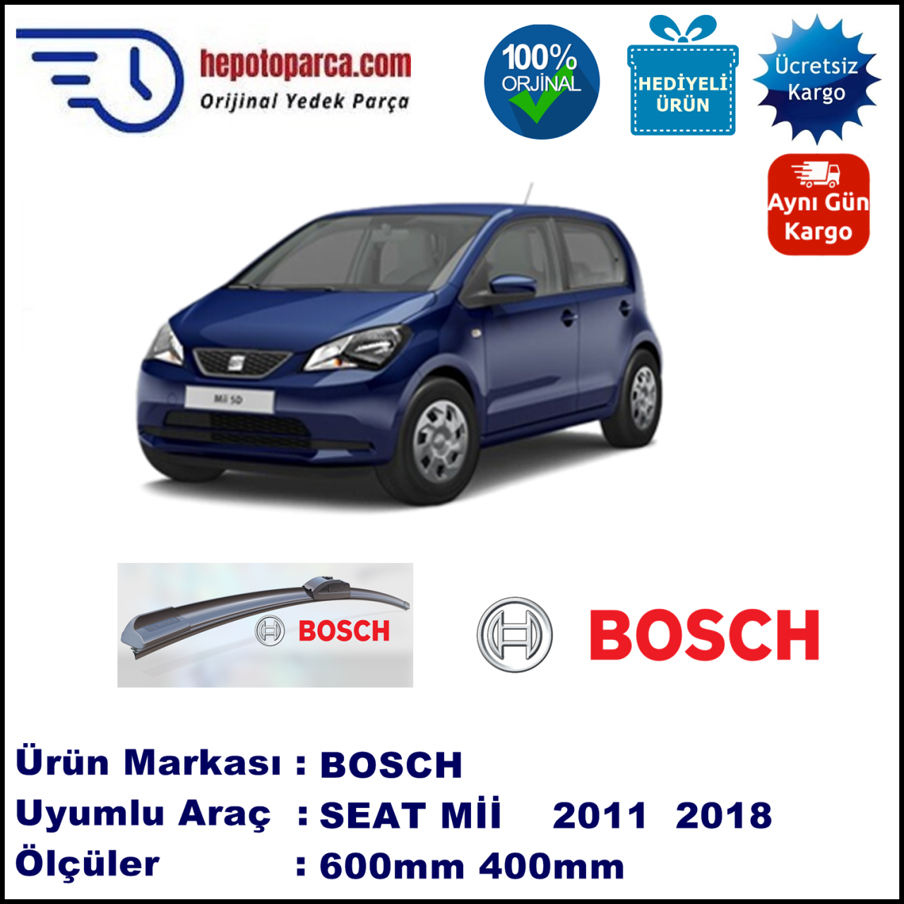 SEAT Mii [KF1]  10.2011-..., 600 / 400 mm. BOSCH AEROECO Aparatlı Muz Silecek