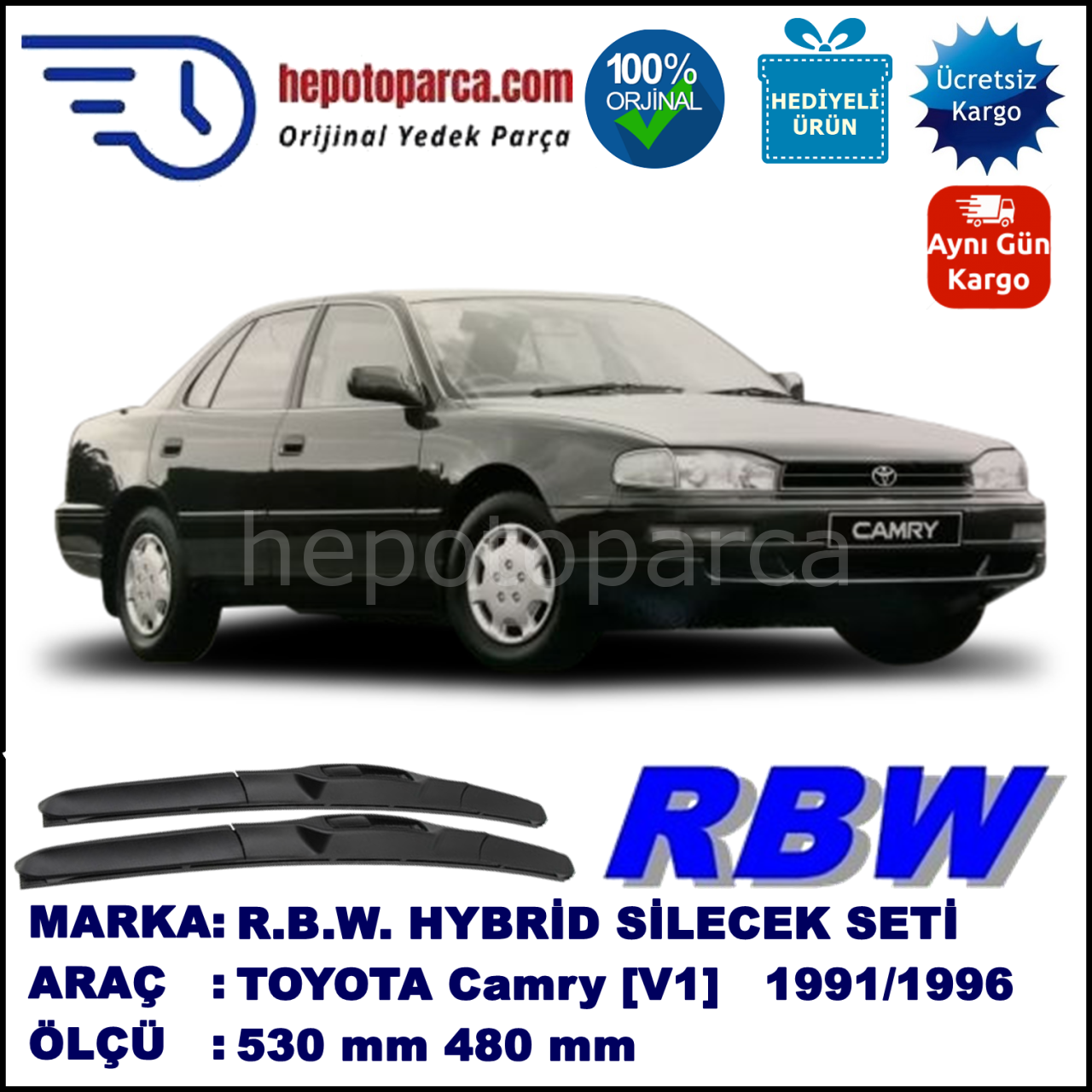 TOYOTA Camry [V1] 06.91-08.96 530 / 480 mm. RBW Hybrid Silecek Seti. U Kanca Uyumlu Hibrit