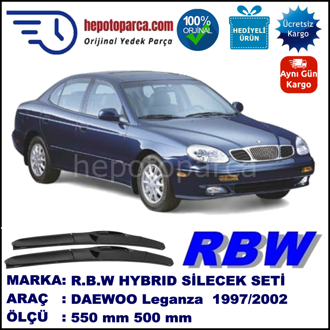 DAEWOO Leganza [KLAV, V100] 03.97-12.02 550 / 500 mm. RBW Hybrid Silecek Seti. U Kanca Uyumlu Hibrit