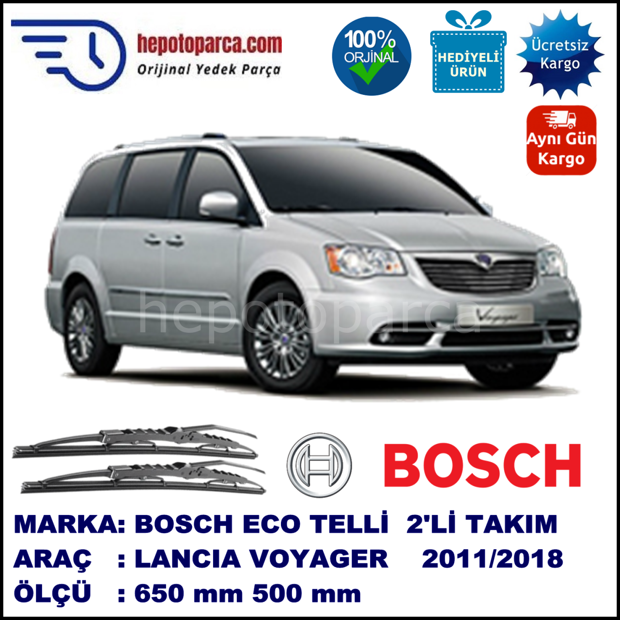 LANCIA Voyager [RT]  09.11-... 650 / 500 mm. BOSCH ECO Telli Silecek 2'li Takım