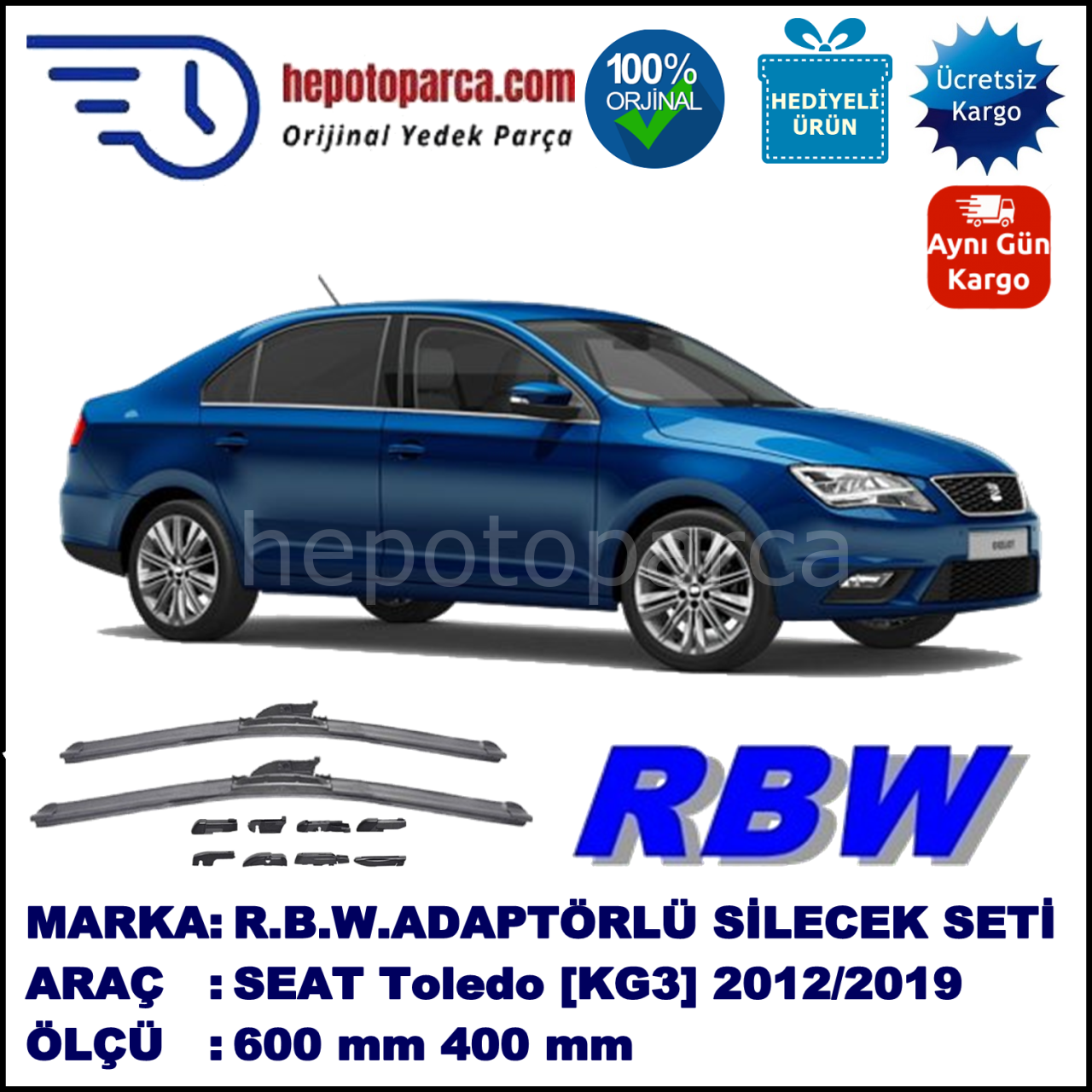 SEAT Toledo [KG3] 07.2012-..., 600 / 400 mm.  RBW  ADAPTÖRLÜ MUZ SİLECEK SETİ