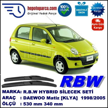 DAEWOO Matiz [KLYA] 04.98-... 530 / 340 mm. RBW Hybrid Silecek Seti. U Kanca Uyumlu Hibrit