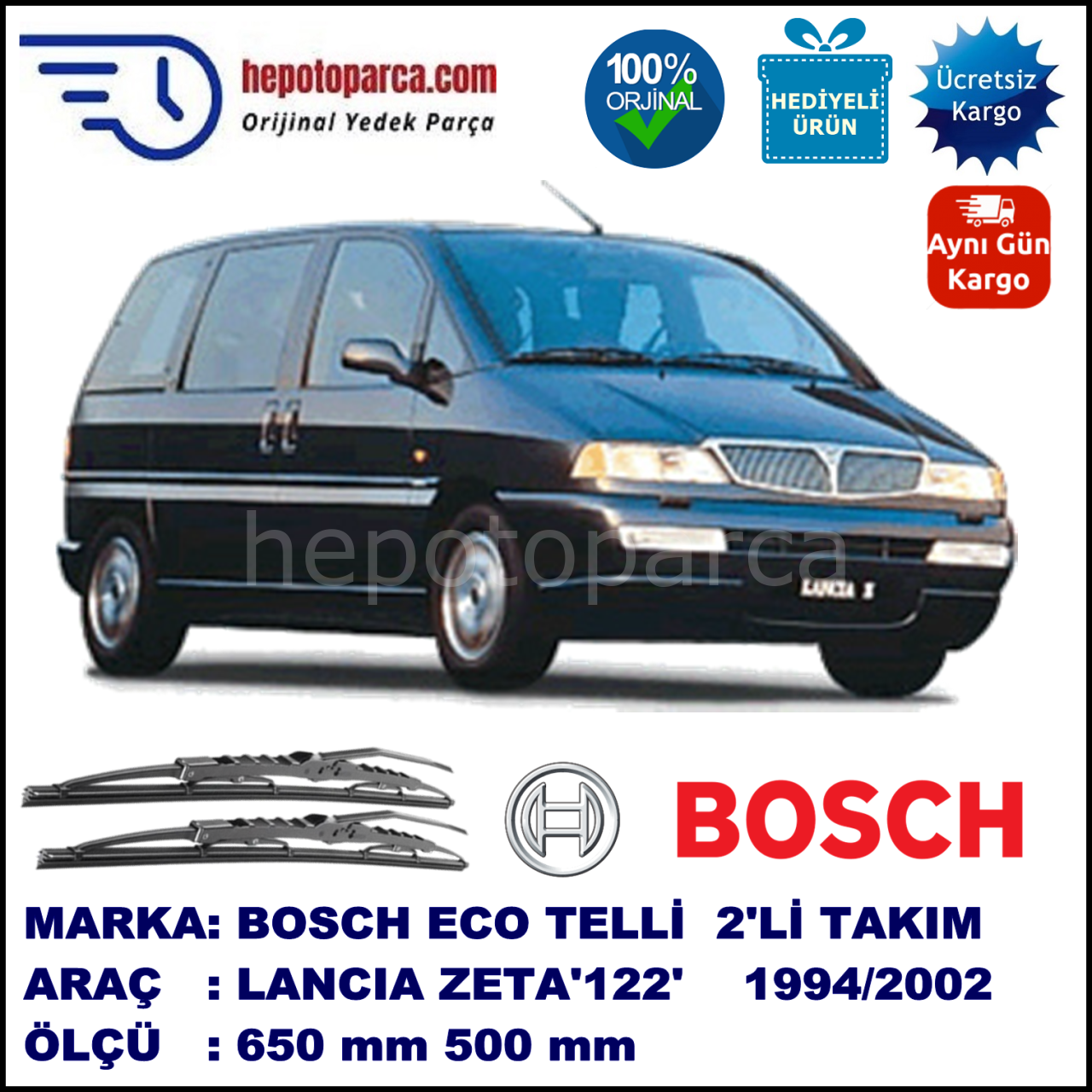 LANCIA ZETA [122] 09.94-06.02 650 / 500 mm. BOSCH ECO Telli Silecek 2'li Takım