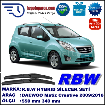 DAEWOO Matiz Creative  09.09-... 550 / 340 mm. RBW Hybrid Silecek Seti. U Kanca Uyumlu Hibrit