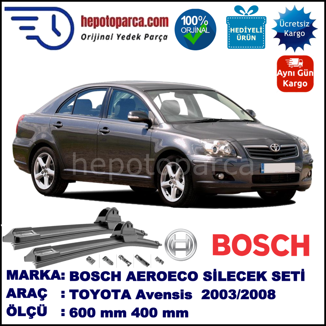 TOYOTA Avensis Liftback [T25] 01.2003-11.2008, 600 / 400 mm. BOSCH AEROECO Aparatlı Muz Silecek
