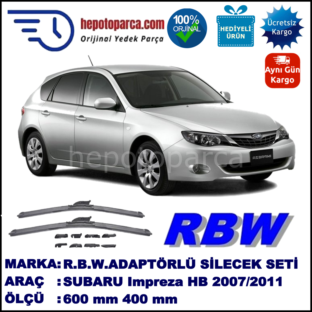 SUBARU Impreza  [G12/G22] 06.2007-12.2011, 600 / 400 mm.  RBW  ADAPTÖRLÜ MUZ SİLECEK SETİ