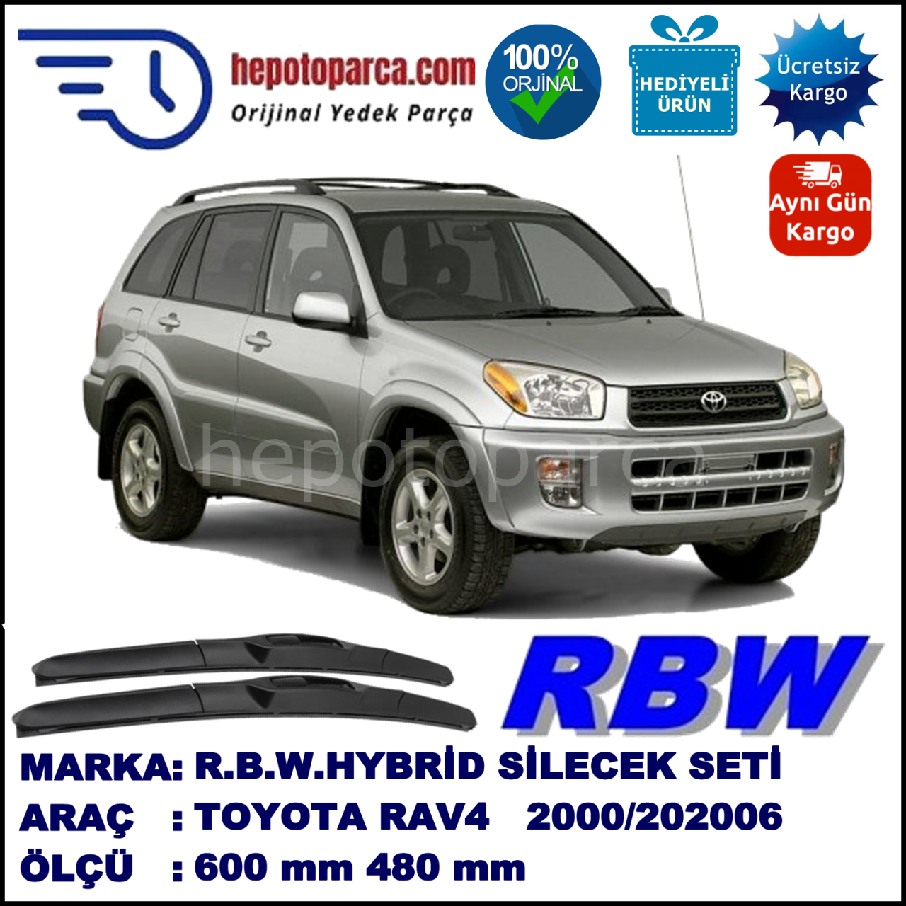 TOYOTA RAV4 [A2] 05.00-01.06 600 / 480 mm. RBW Hybrid Silecek Seti. U Kanca Uyumlu Hibrit
