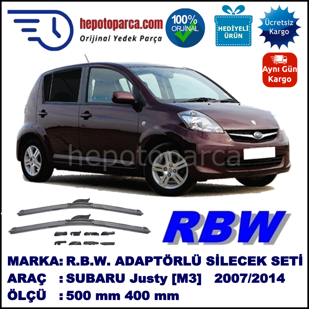 SUBARU Justy [M3] 09.2007-12.2010, 500 / 400 mm.  RBW  ADAPTÖRLÜ MUZ SİLECEK SETİ