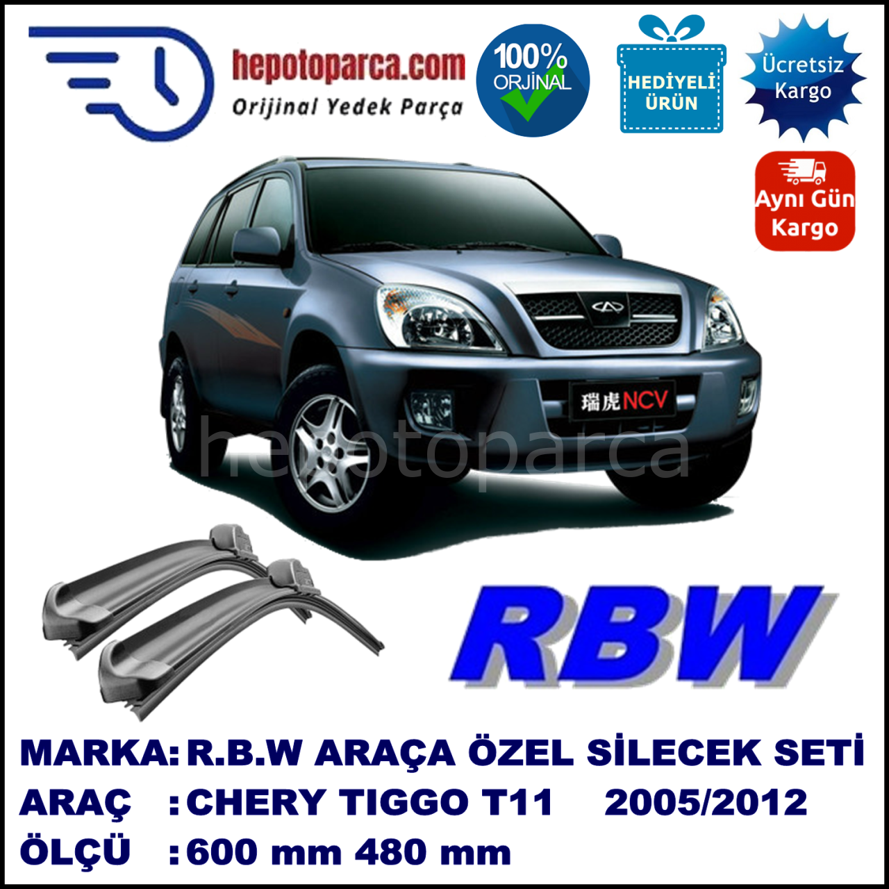 CHERY Tiggo [T 11] 04.05-... 600 / 480 mm. RBW Muz Silecek Seti  2'li Takım. U Kanca Uyumludur.