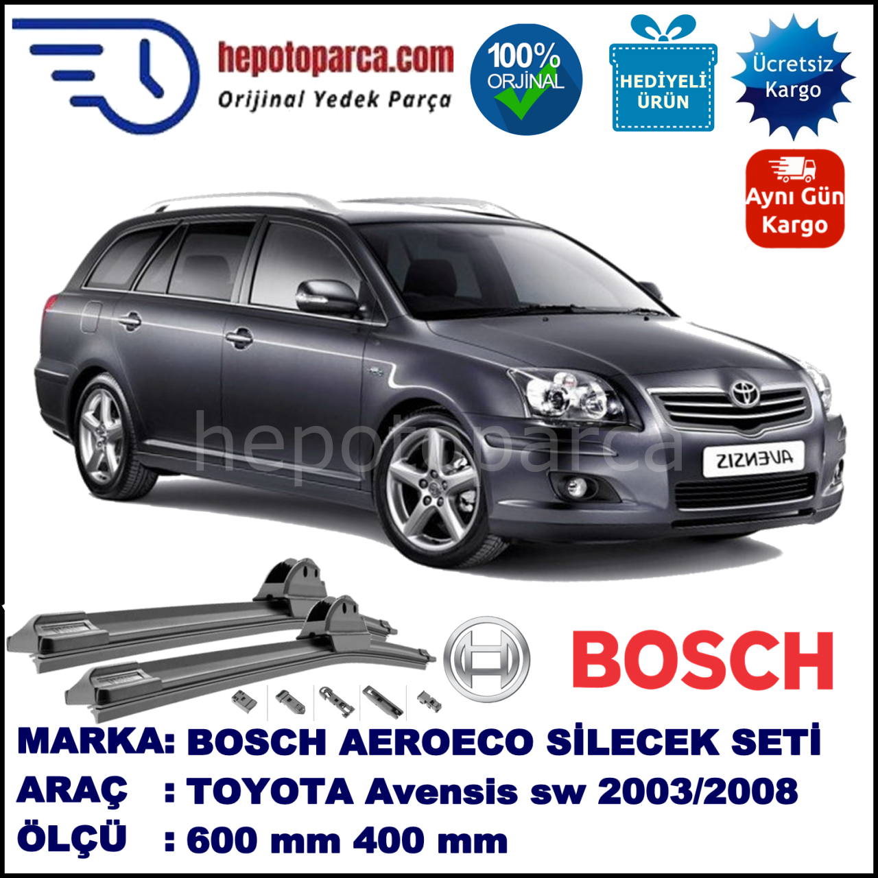 TOYOTA Avensis Wagon [T25] 01.2003-11.2008, 600 / 400 mm. BOSCH AEROECO Aparatlı Muz Silecek