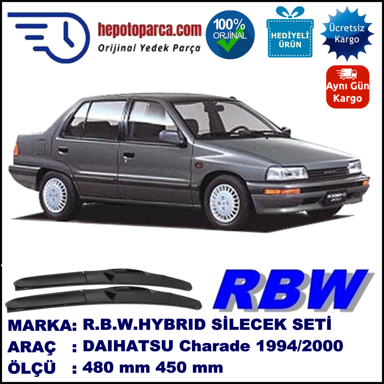 DAIHATSU Charade [G2] 06.94-09.00 480 / 450 mm. RBW Hybrid Silecek Seti. U Kanca Uyumlu Hibrit