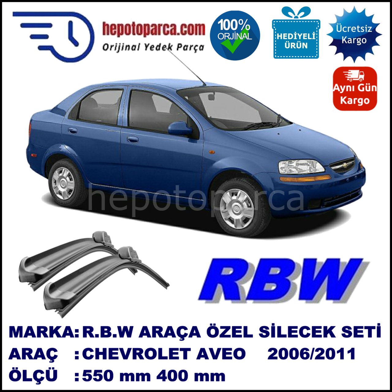 CHEVROLET Aveo [KL1S, T250; KL1S, T255] 02.06-12.11 550 / 400 mm. RBW Muz Silecek Seti  2'li Takım. U Kanca Uyumludur.
