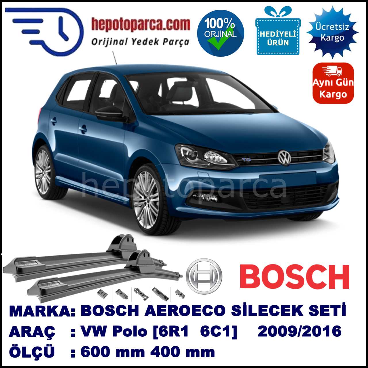 VW Polo [6R1, 6C1] 06.2009-..., 600 / 400 mm. BOSCH AEROECO Aparatlı Muz Silecek