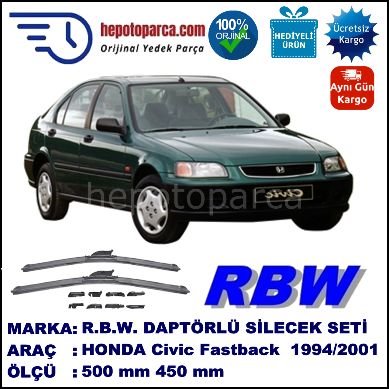 HONDA Civic Fastback [MB/MC] 09.1994-02.2001, 500 / 450 mm.  RBW  ADAPTÖRLÜ MUZ SİLECEK SETİ