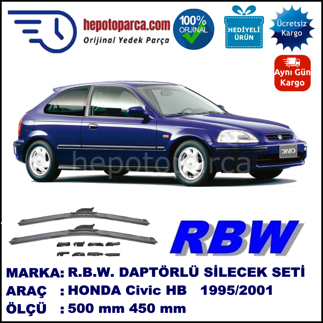 HONDA Civic Hatchback [EJ/EK] 10.1995-02.2001, 500 / 450 mm.  RBW  ADAPTÖRLÜ MUZ SİLECEK SETİ