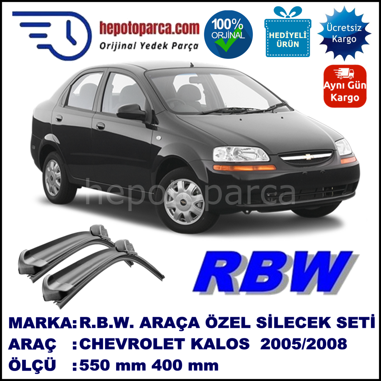 CHEVROLET Kalos [KL1S, T200] 02.05-08.06 550 / 400 mm. RBW Muz Silecek Seti  2'li Takım. U Kanca Uyumludur.