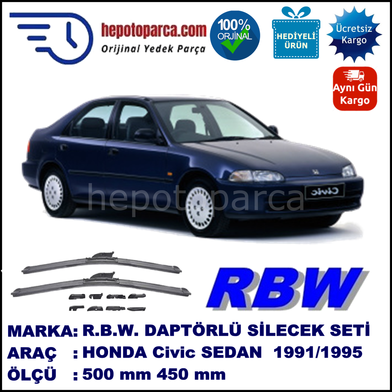 HONDA Civic Sedan [EG/EH] 10.1991-09.1995, 500 / 450 mm.  RBW  ADAPTÖRLÜ MUZ SİLECEK SETİ