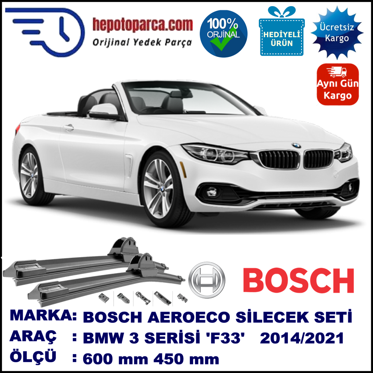BMW Serie 3 Cabrio [F 33] 03.2014-..., 600 / 450 mm. BOSCH AEROECO Aparatlı Muz Silecek