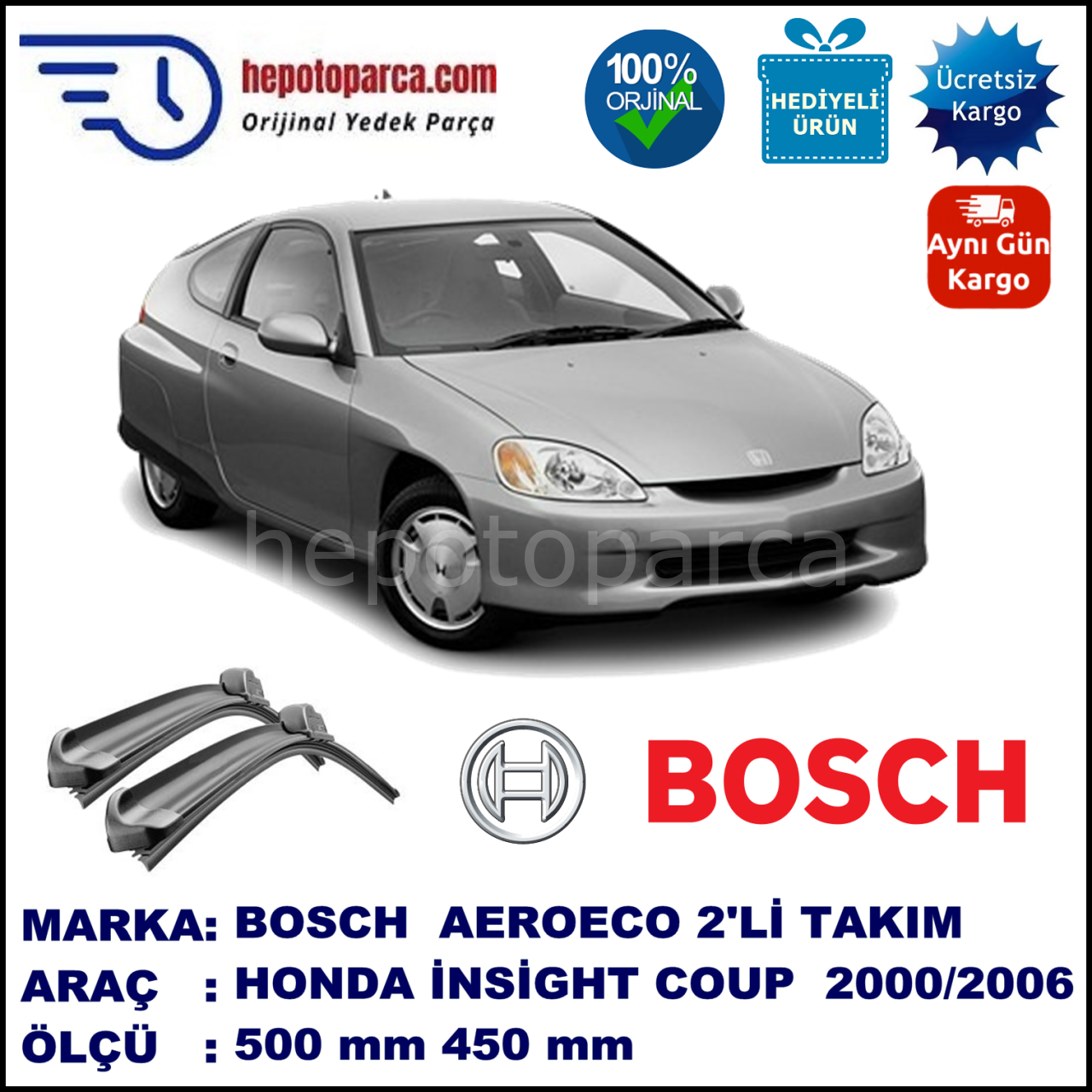 HONDA Insight Coupé [ZE] 01.2000-12.2006, 500 / 450 mm. BOSCH AEROECO Aparatlı Muz Silecek