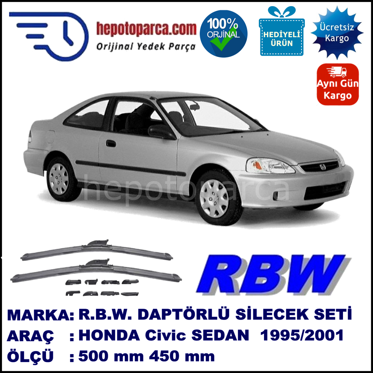 HONDA Civic Sedan [EJ/EK] 10.1995-02.2001, 500 / 450 mm.  RBW  ADAPTÖRLÜ MUZ SİLECEK SETİ