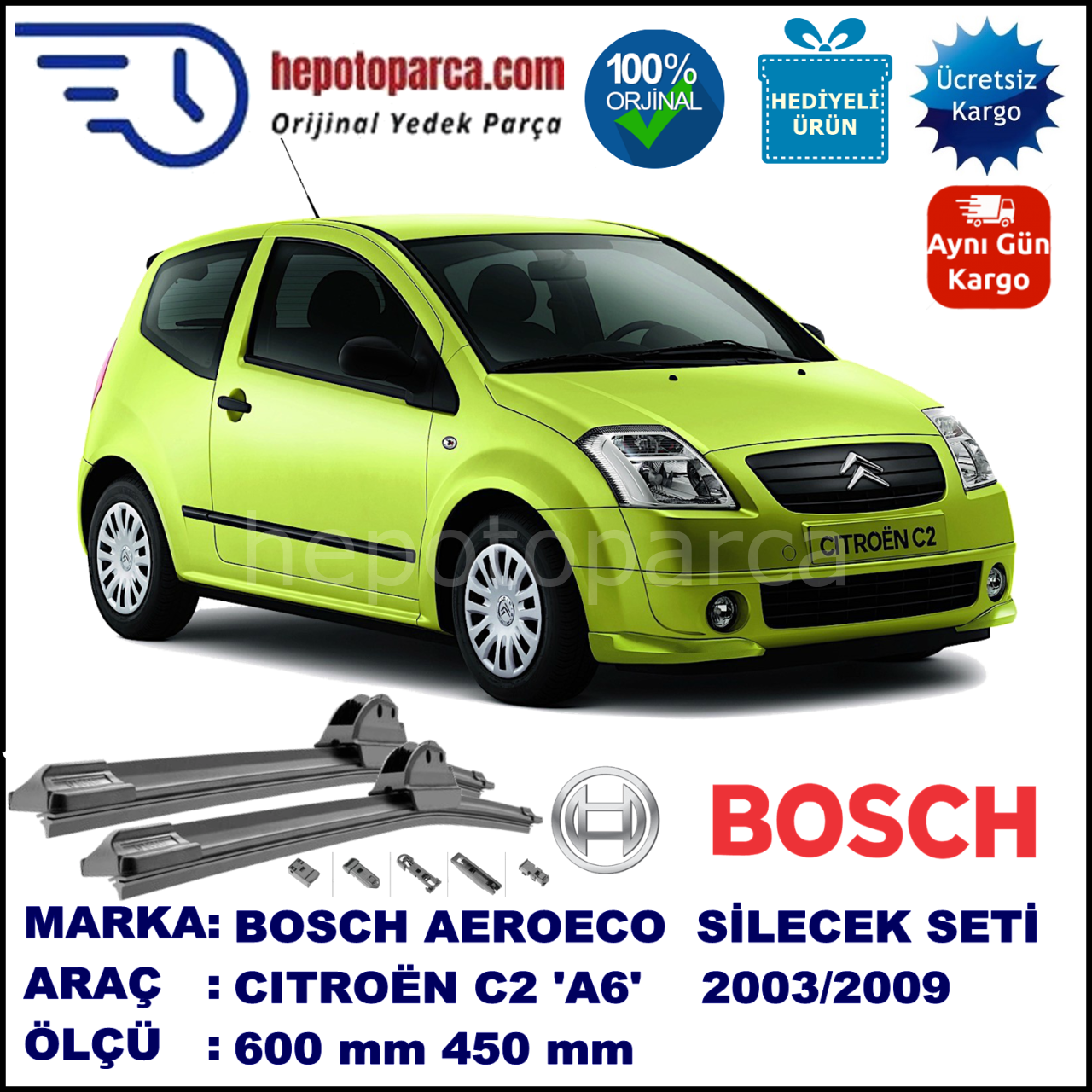 CITROEN C2 [A6] 09.2003-12.2009, 600 / 450 mm. BOSCH AEROECO Aparatlı Muz Silecek