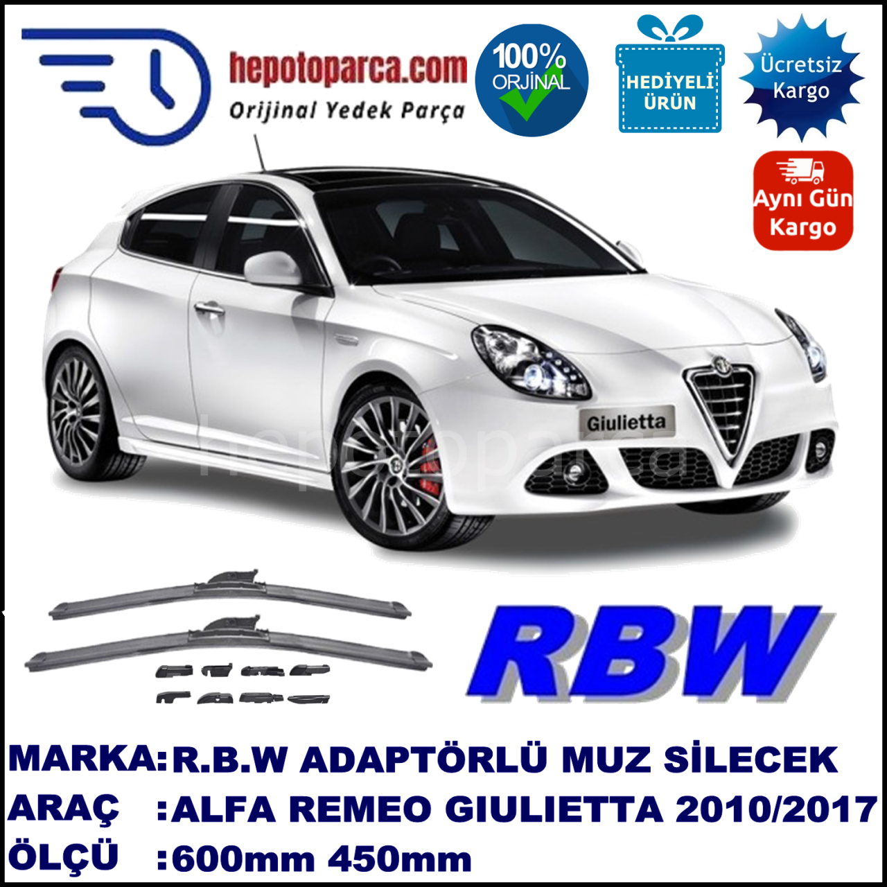 ALFA ROMEO Giulietta [940] 05.2010-… , 600 / 450 mm.  RBW  ADAPTÖRLÜ MUZ SİLECEK SETİ