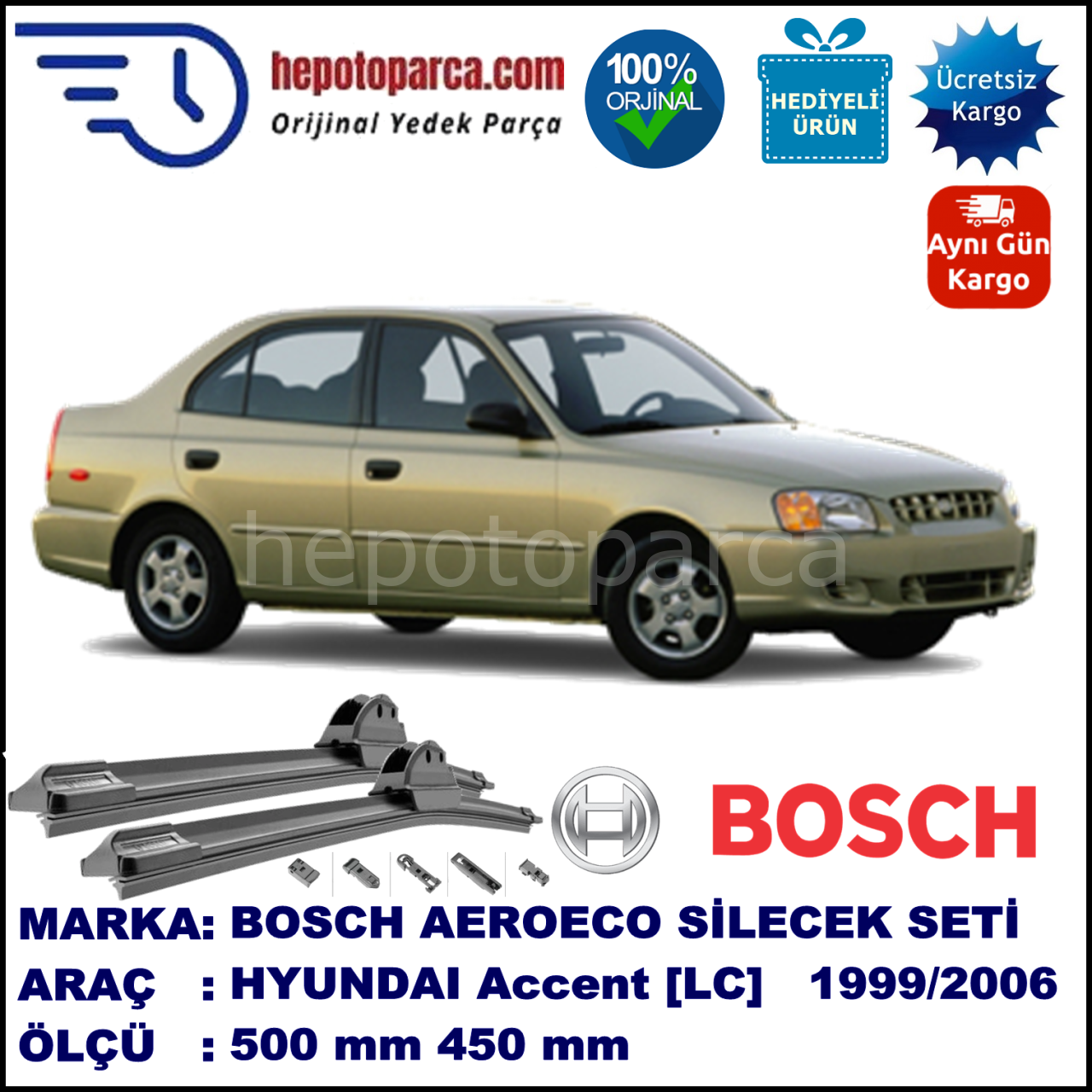 HYUNDAI Accent [LC] 05.1999-..., 500 / 450 mm. BOSCH AEROECO Aparatlı Muz Silecek