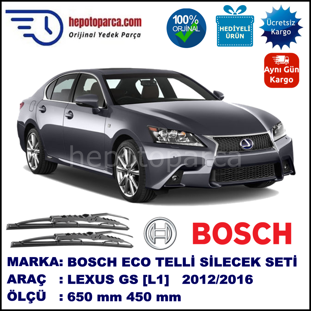 LEXUS GS [L1] 01.12-... 650 / 450 mm. BOSCH ECO Telli Silecek 2'li Takım