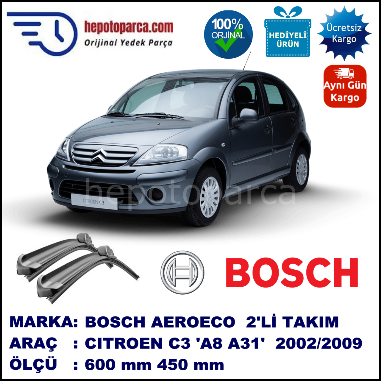 CITROEN C3 [A8; A31] 01.2002-08.2009, 600 / 450 mm. BOSCH AEROECO Aparatlı Muz Silecek