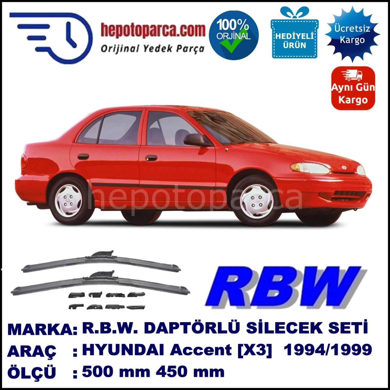 HYUNDAI Accent [X3] 07.1994-07.1999, 500 / 450 mm.  RBW  ADAPTÖRLÜ MUZ SİLECEK SETİ