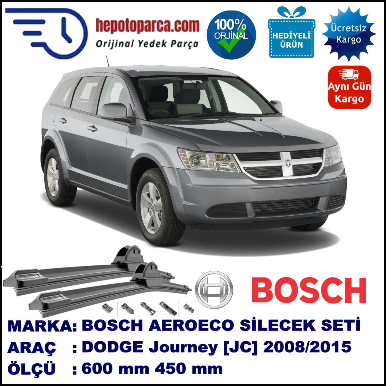 DODGE Journey [JC] 05.2008-..., 600 / 450 mm. BOSCH AEROECO Aparatlı Muz Silecek