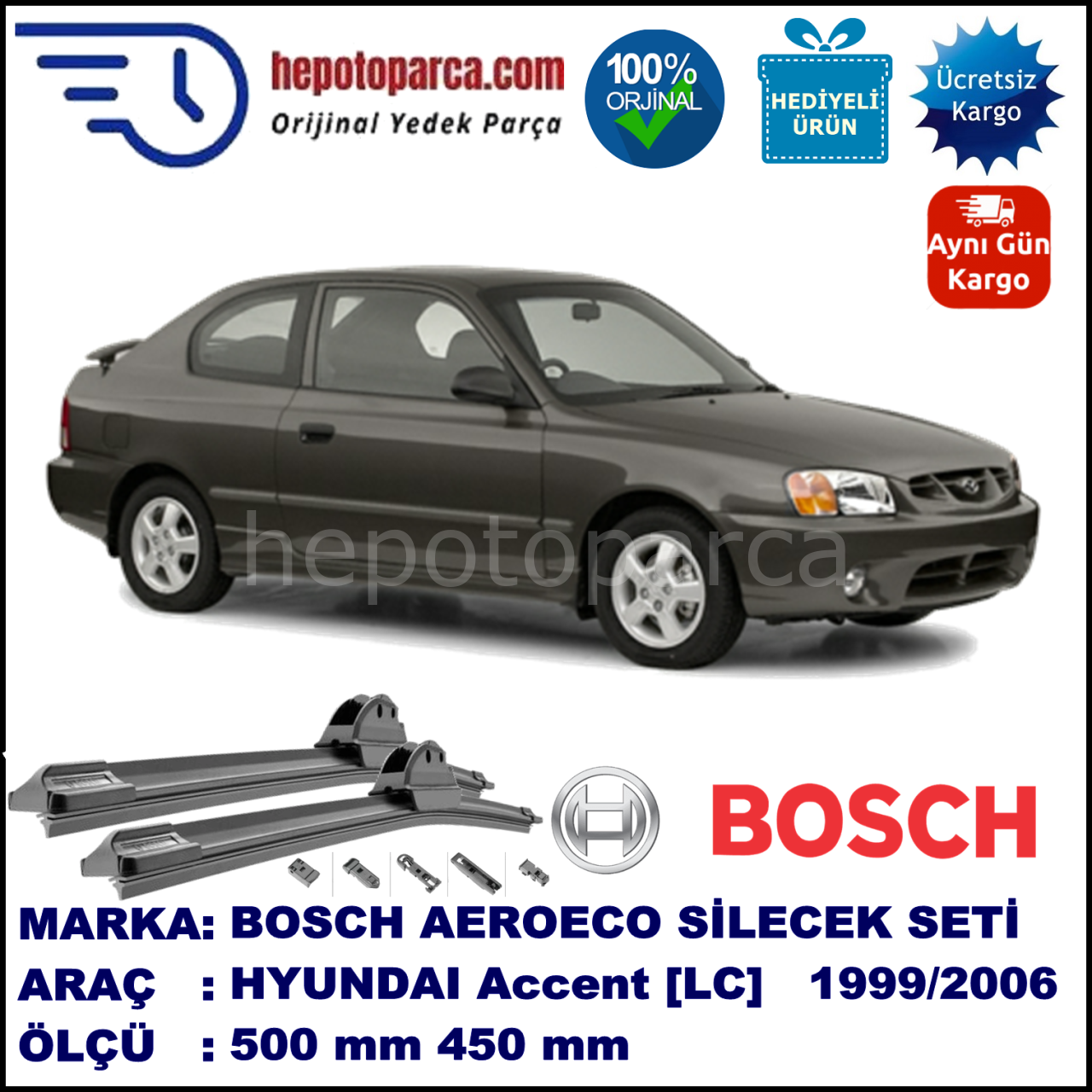 HYUNDAI Accent Hatchback [LC] 08.1999-06.2006, 500 / 450 mm. BOSCH AEROECO Aparatlı Muz Silecek