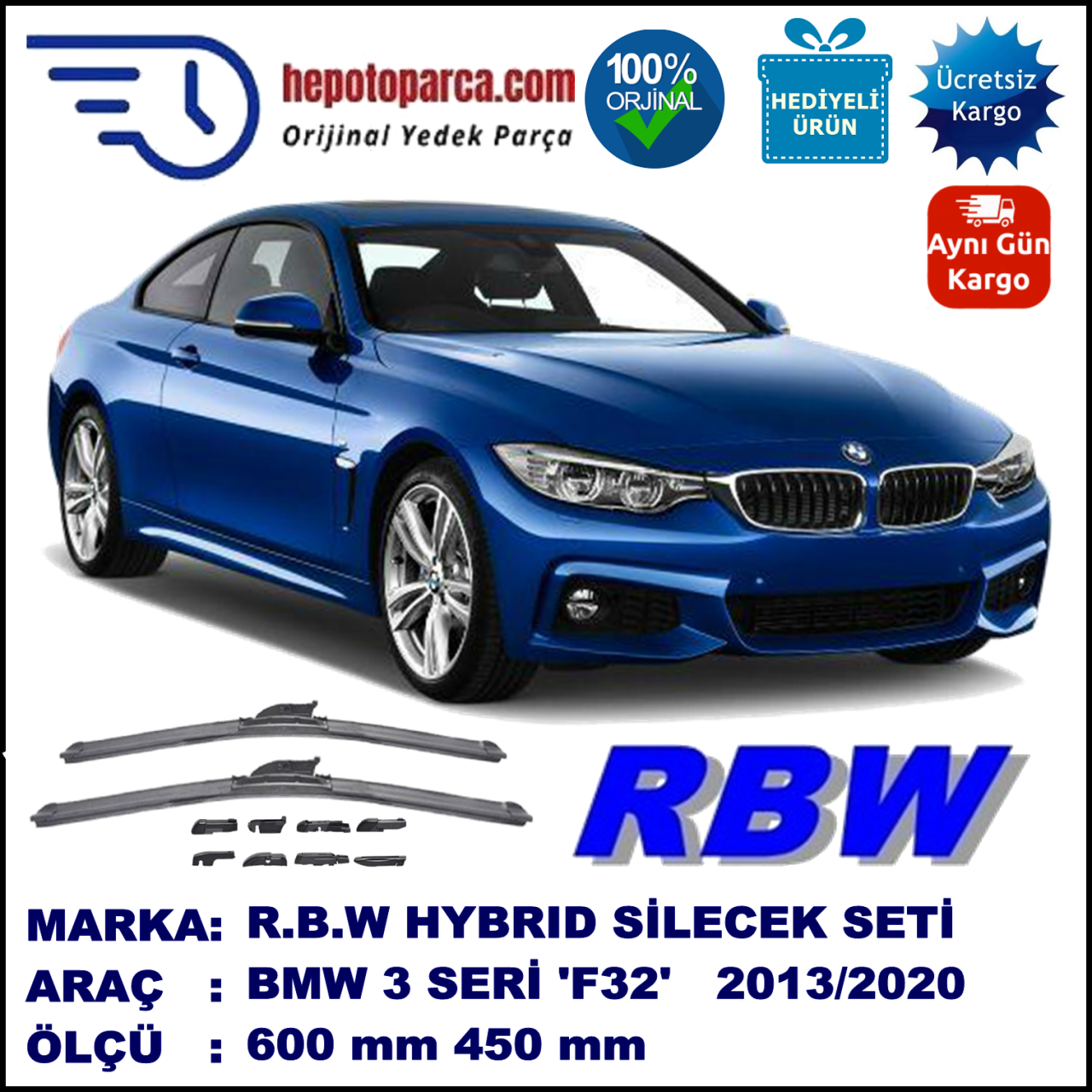 BMW Serie 3 Coupé [F 32] 09.2013-..., 600 / 450 mm.  RBW  ADAPTÖRLÜ MUZ SİLECEK SETİ
