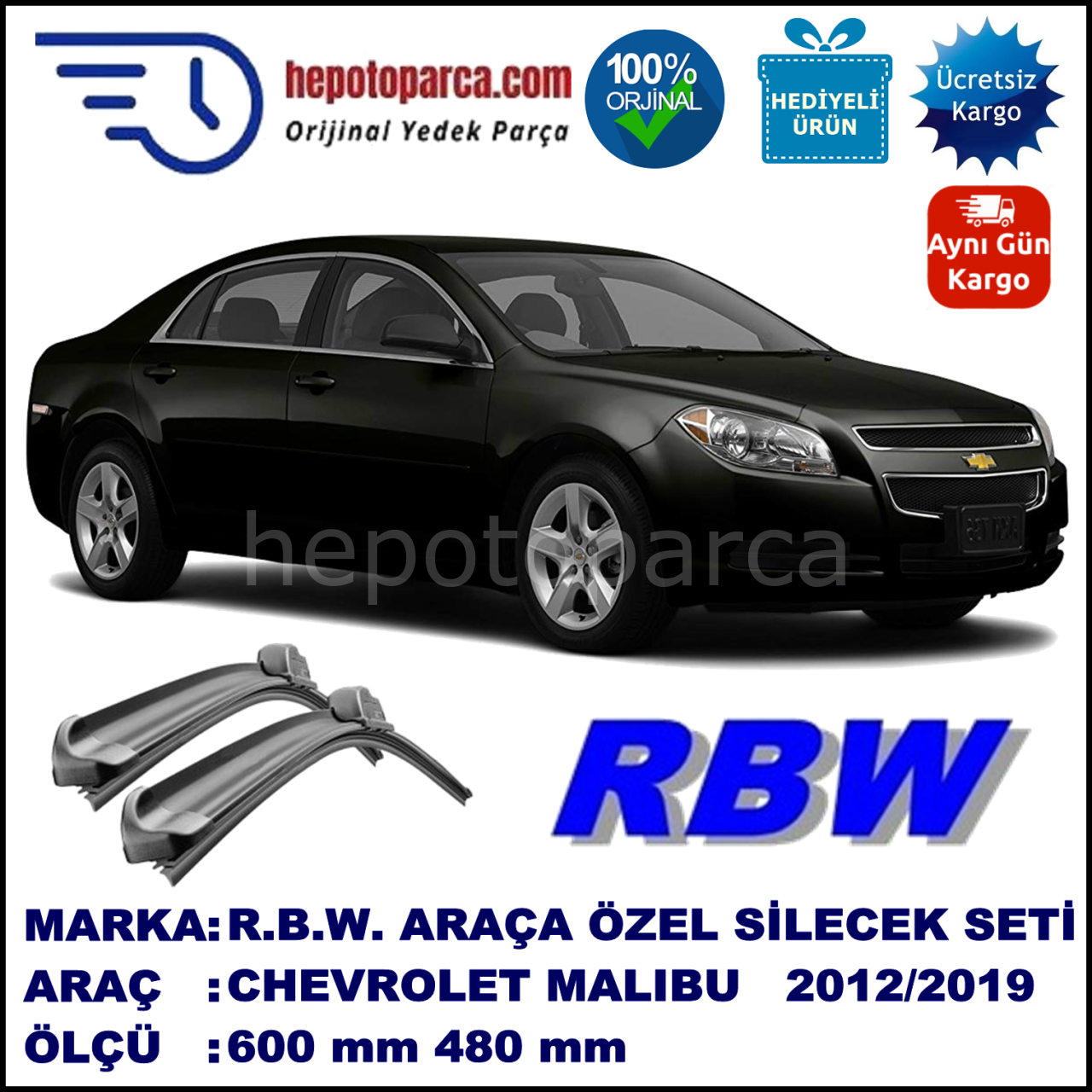 CHEVROLET Malibu [KL1G,V300] 03.12-... 600 / 480 mm. RBW Muz Silecek Seti  2'li Takım. U Kanca Uyumludur.