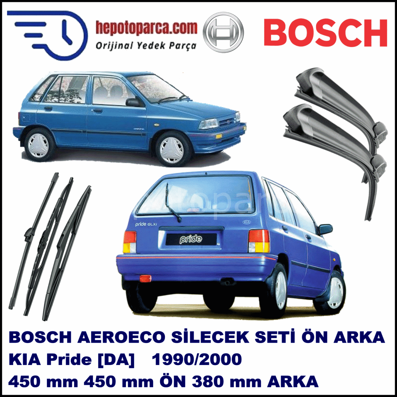 KIA Pride [DA] 05,1990-02,2000 Bosch Aeroeco Ön ve Arka Silecek Takımı