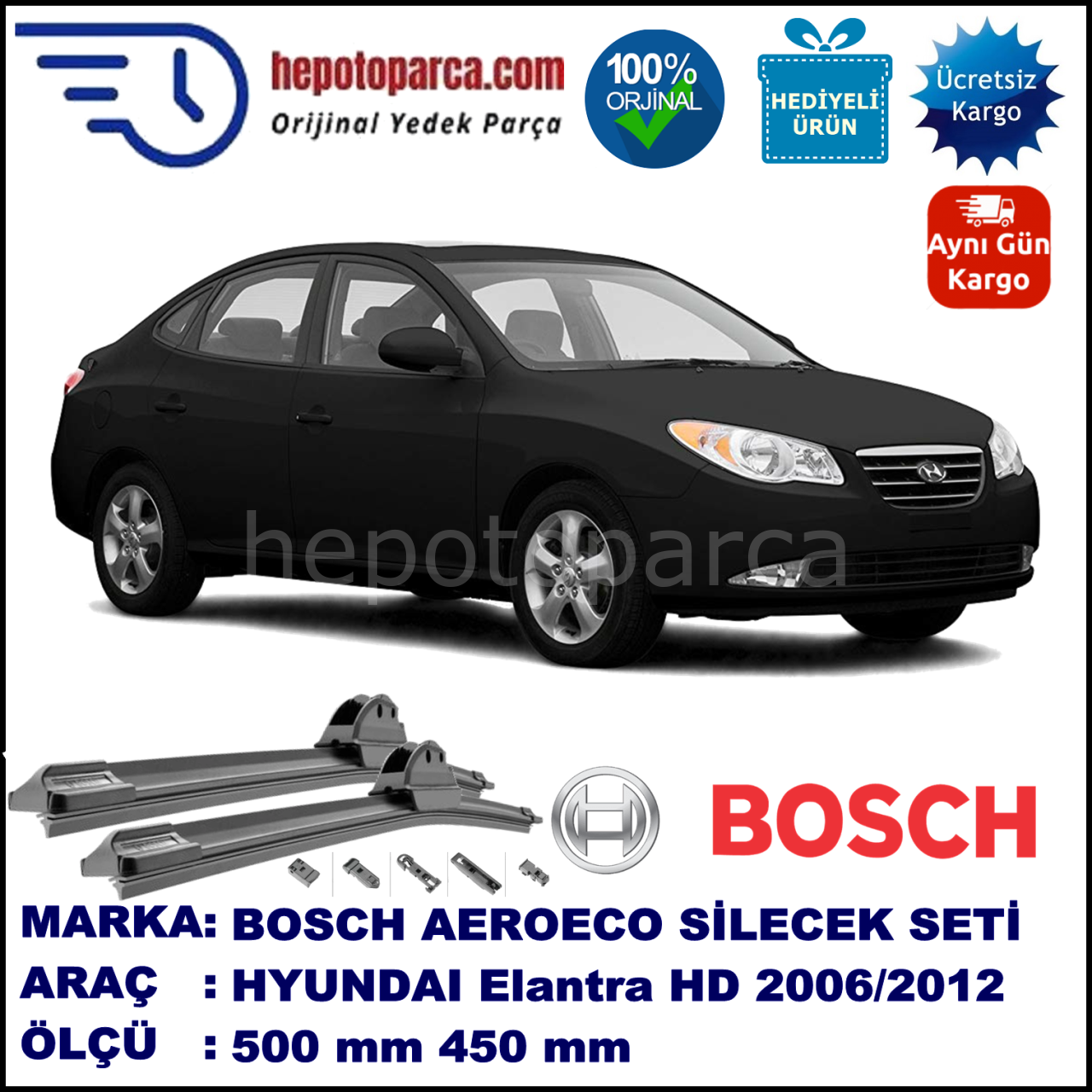 HYUNDAI Elantra [HD] 01.2006-..., 500 / 450 mm. BOSCH AEROECO Aparatlı Muz Silecek
