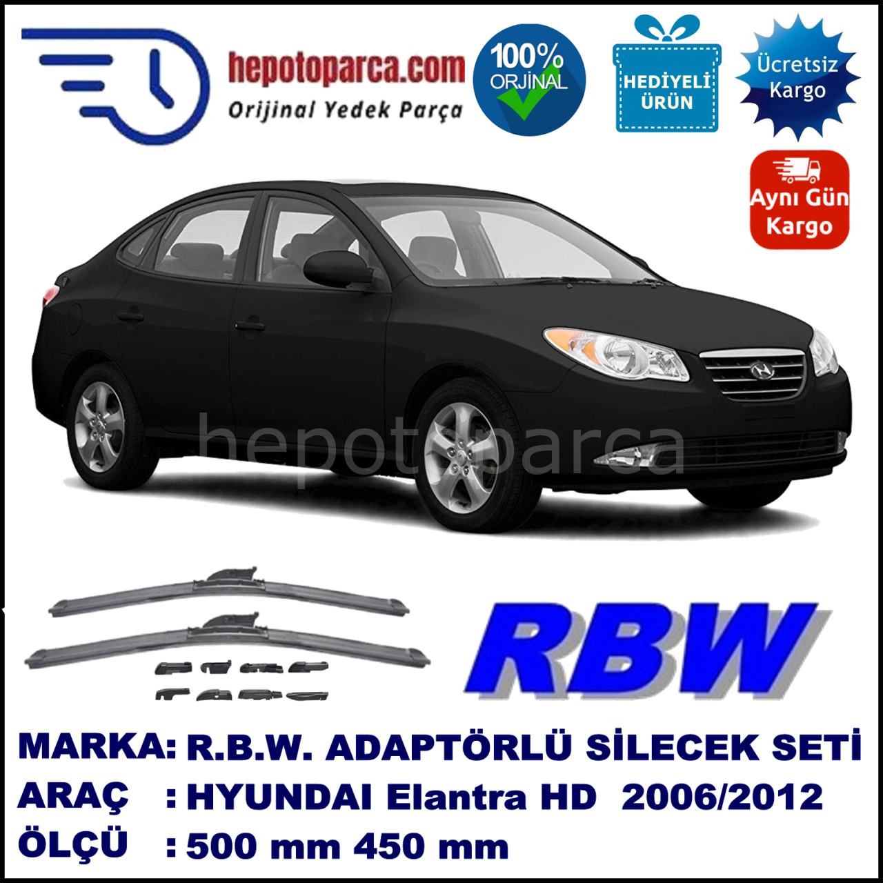 HYUNDAI Elantra [HD] 01.2006-..., 500 / 450 mm.  RBW  ADAPTÖRLÜ MUZ SİLECEK SETİ