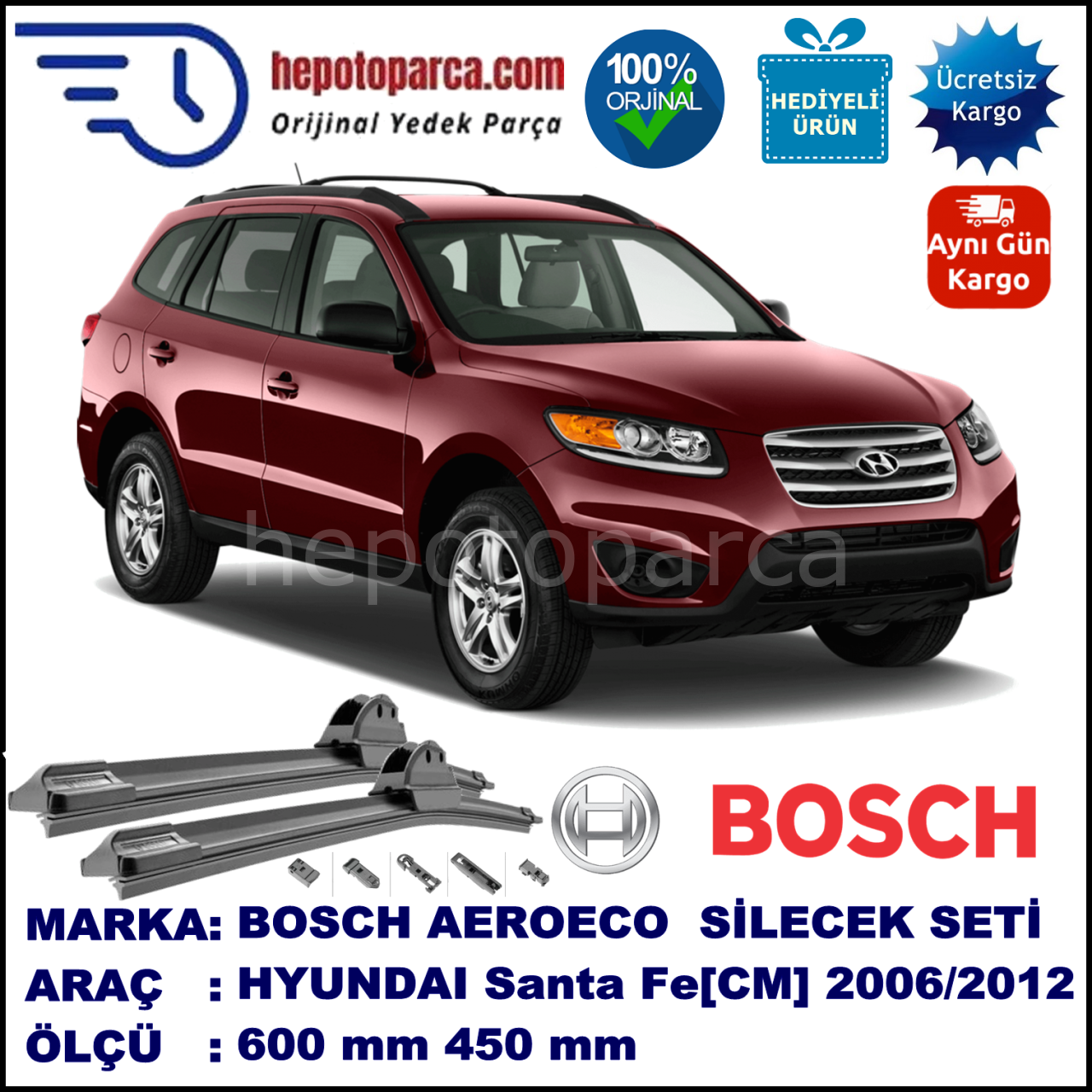 HYUNDAI Santa Fe [CM] 03.2006-12.2012, 600 / 450 mm. BOSCH AEROECO Aparatlı Muz Silecek