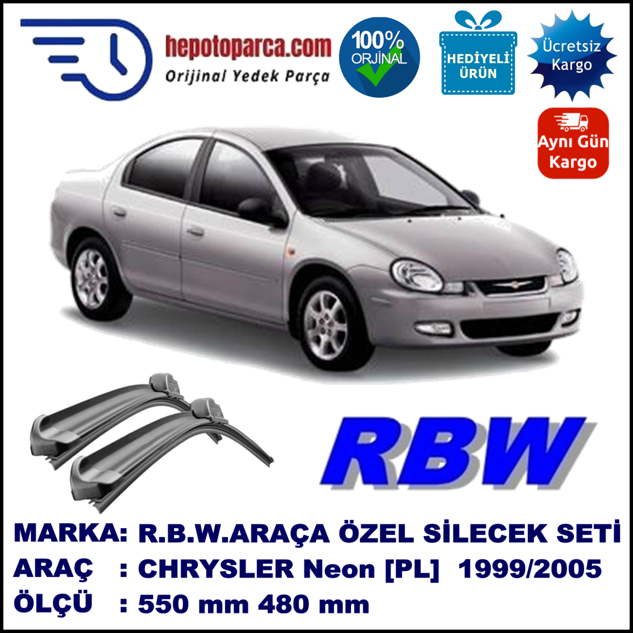 CHRYSLER Neon [PL] 09.99-12.05 550 / 480 mm. RBW Muz Silecek Seti  2'li Takım. U Kanca Uyumludur.