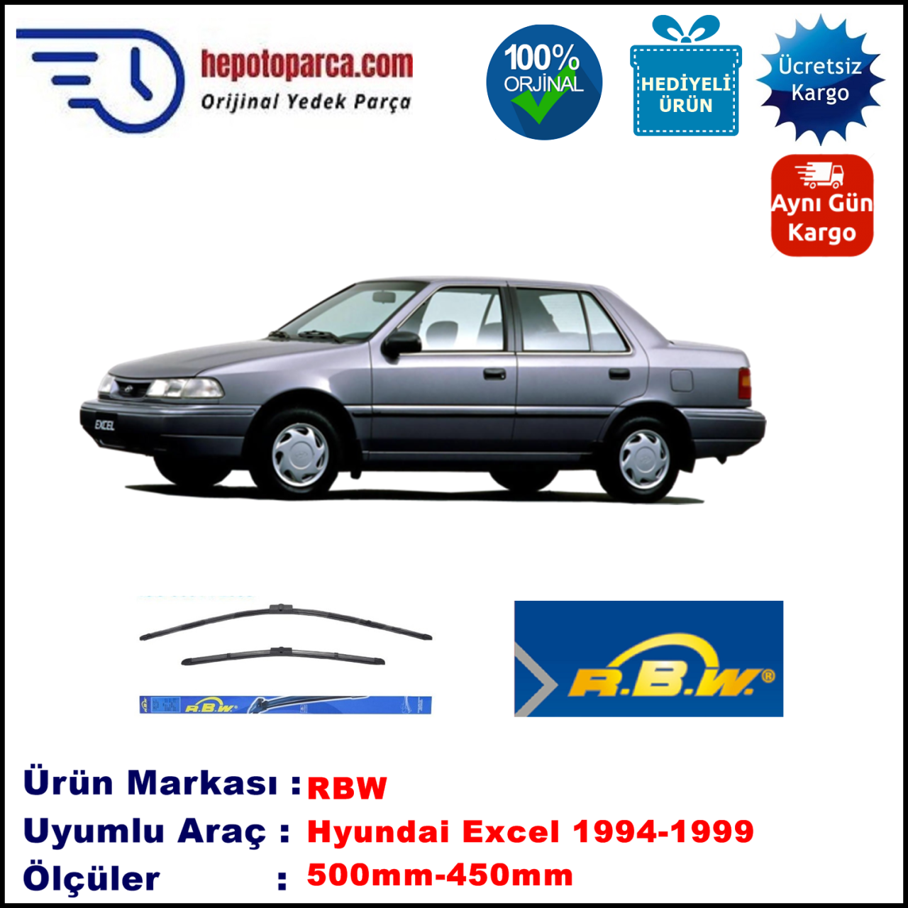 HYUNDAI Excel [X3] 07.1994-07.1999, 500 / 450 mm.  RBW  ADAPTÖRLÜ MUZ SİLECEK SETİ