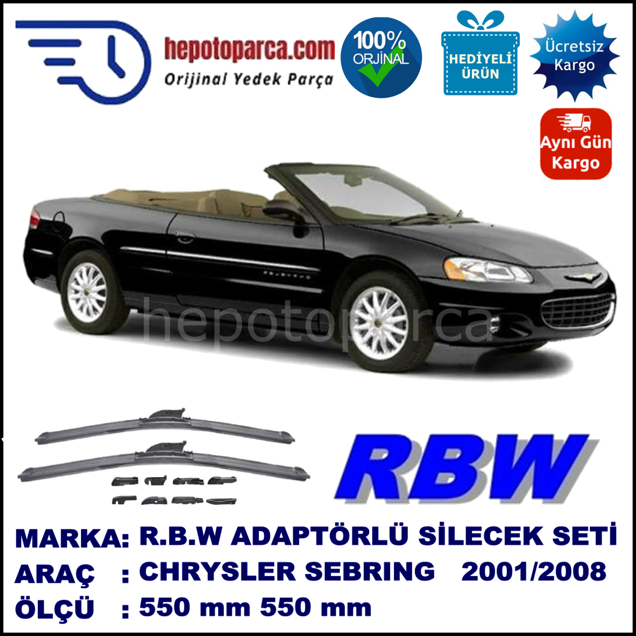 CHRYSLER Sebring Convertible [JR] 01.01-08.08 550 / 550 mm. RBW Muz Silecek Seti  2'li Takım. U Kanca Uyumludur.