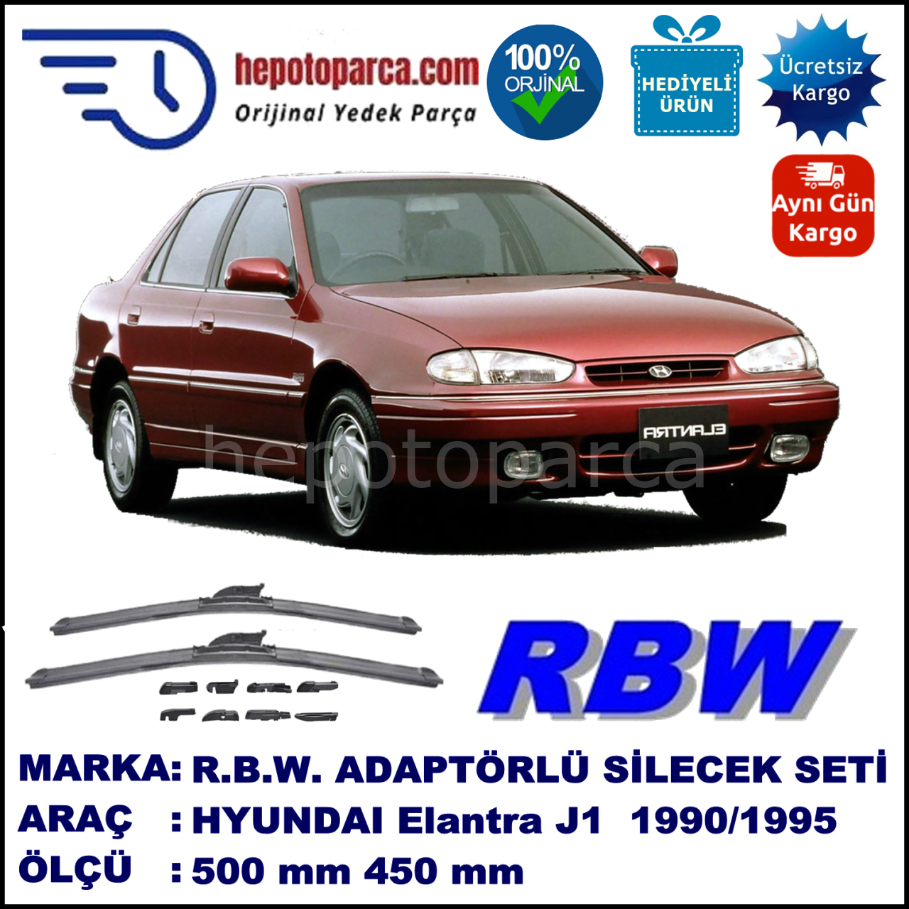 HYUNDAI Elantra [J1] 10.1990-04.1995, 500 / 450 mm.  RBW  ADAPTÖRLÜ MUZ SİLECEK SETİ