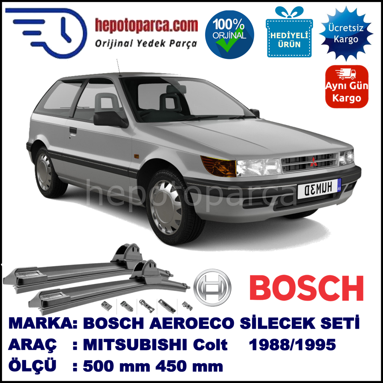 MITSUBISHI Colt [CA/CC; C5] 04.1988-11.1995, 500 / 450 mm. BOSCH AEROECO Aparatlı Muz Silecek
