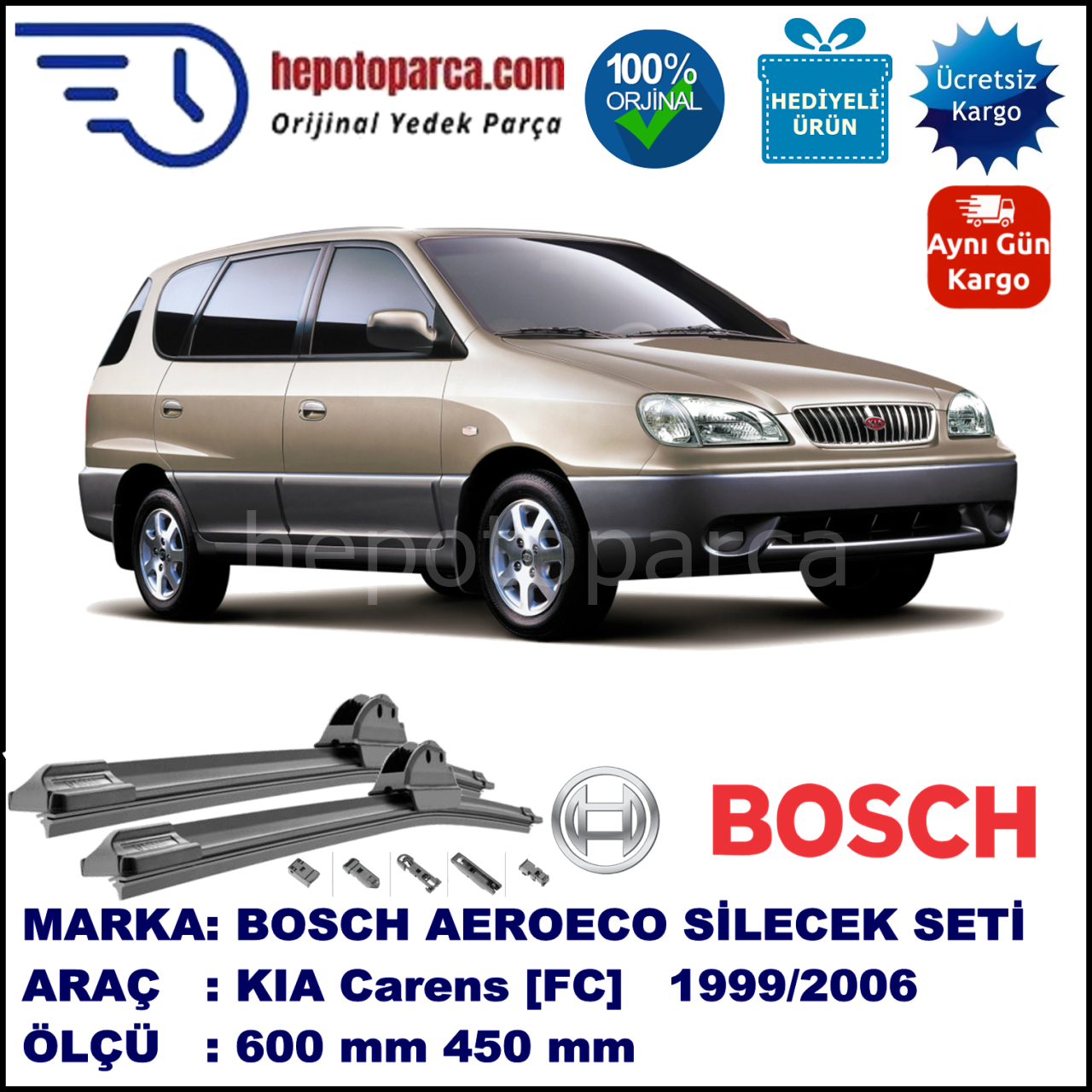 KIA Carens [FC] 04.1999-12.2006, 600 / 450 mm. BOSCH AEROECO Aparatlı Muz Silecek