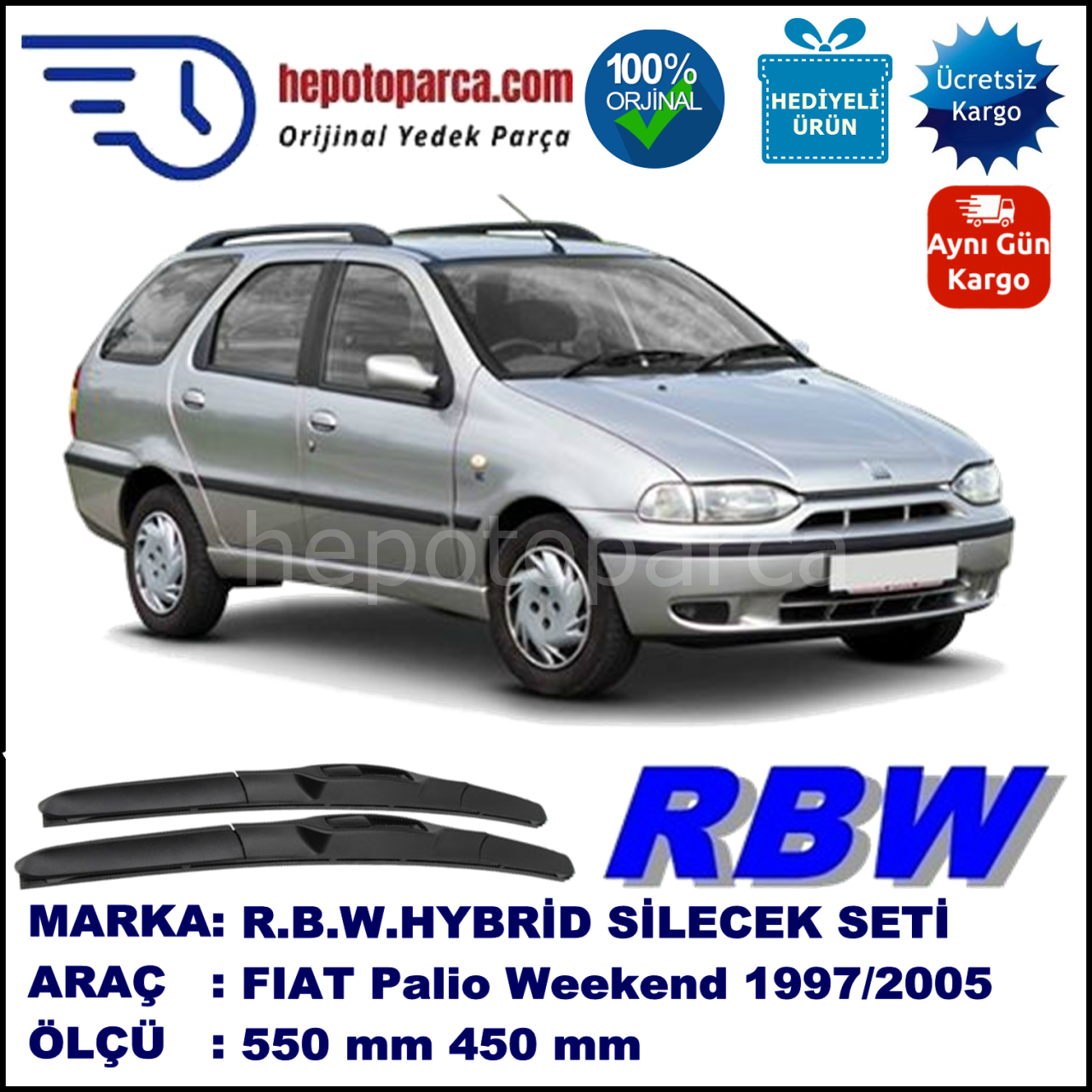 FIAT Palio Weekend [178..] 09.97-... 550 / 450 mm. RBW Hybrid Silecek Seti. U Kanca Uyumlu Hibrit