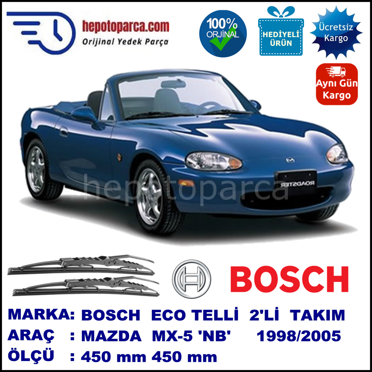 MAZDA MX-5 [NB] 01.98-07.05 450 / 450 mm. BOSCH ECO Telli Silecek 2'li Takım
