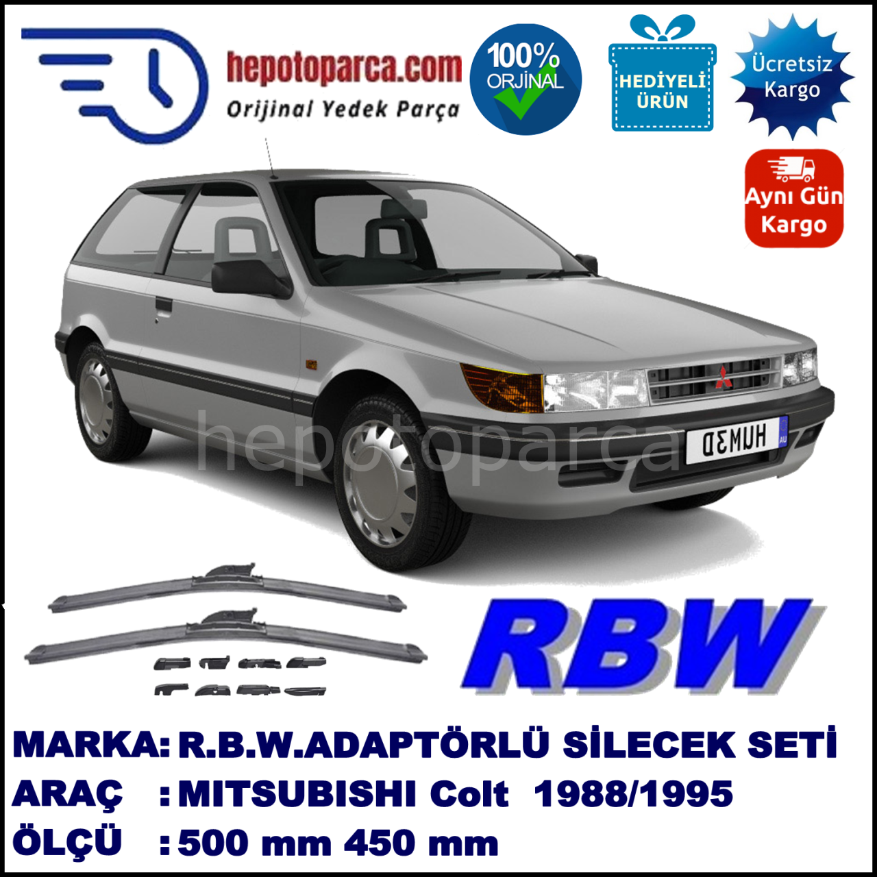 MITSUBISHI Colt [CA/CC; C5] 04.1988-11.1995, 500 / 450 mm.  RBW  ADAPTÖRLÜ MUZ SİLECEK SETİ