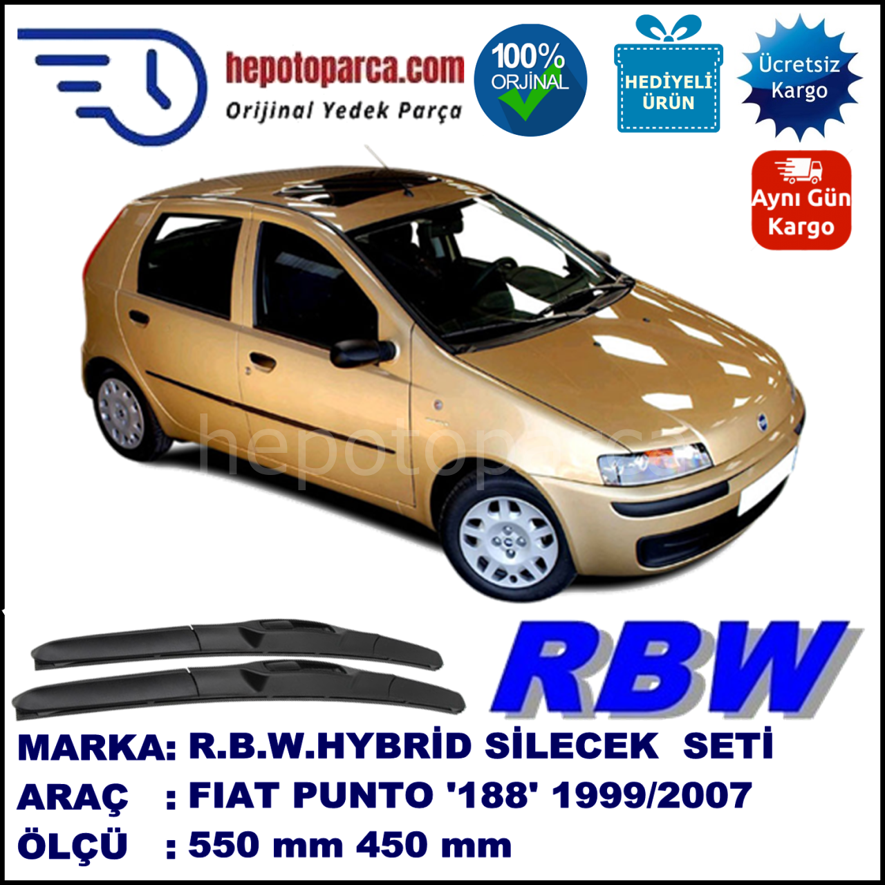 FIAT Punto [188..] 07.99-12.10 550 / 450 mm. RBW Hybrid Silecek Seti. U Kanca Uyumlu Hibrit