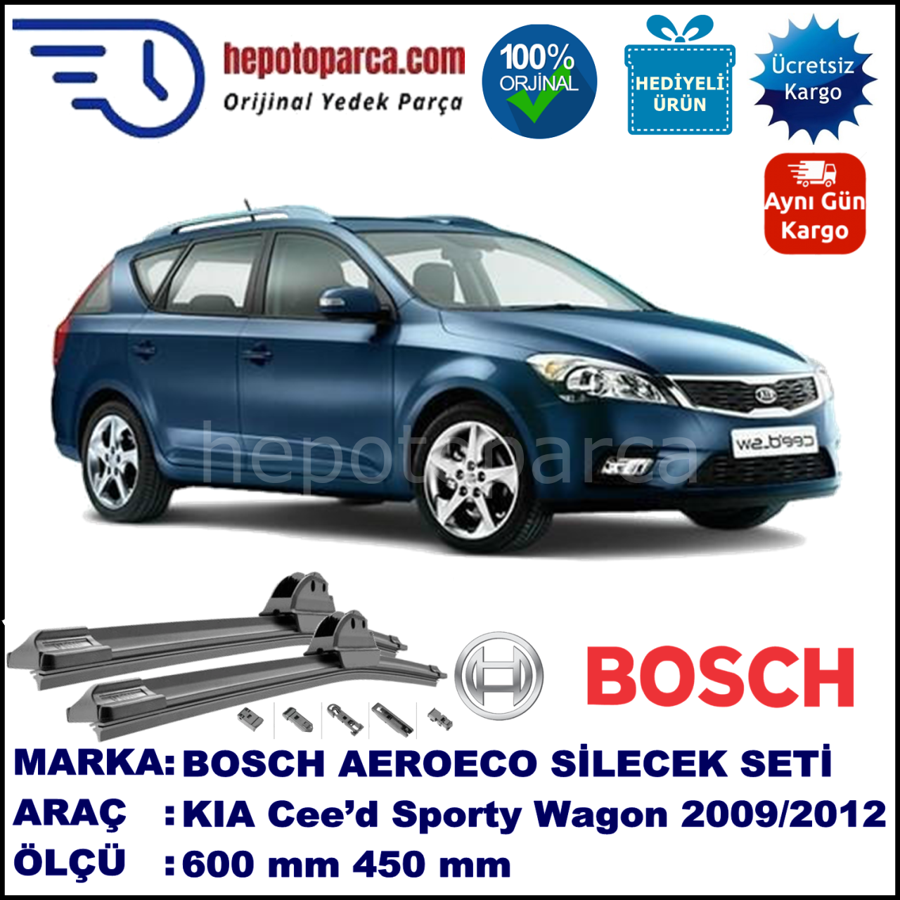 KIA Cee’d Sporty Wagon [ED/FF2] 07.2009-12.2012, 600 / 450 mm. BOSCH AEROECO Aparatlı Muz Silecek